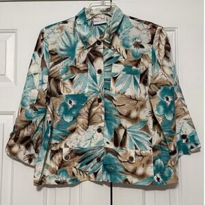 Alfred Dunner Linen Blend Floral Print 3/4 Sleeve Shacket, Size 14